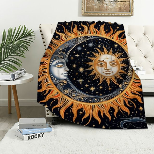 Alepadnf Sun Moon Stars Print Flannel Blanket for All Seasons, Soft and