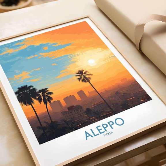 Aleppo Sunset Cityscape Poster Syria Orange Sky Urban Landscape Wall Vibrant Glow Print Tr