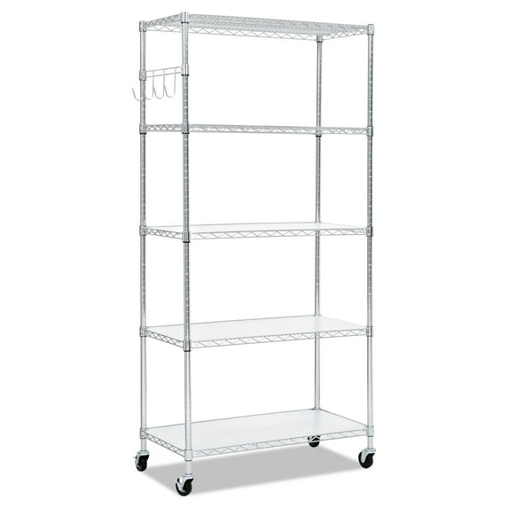Alera 5-Shelf Wire Shelving Kit with Casters and Shelf Liners, 36w x 18d x 72h, Silver