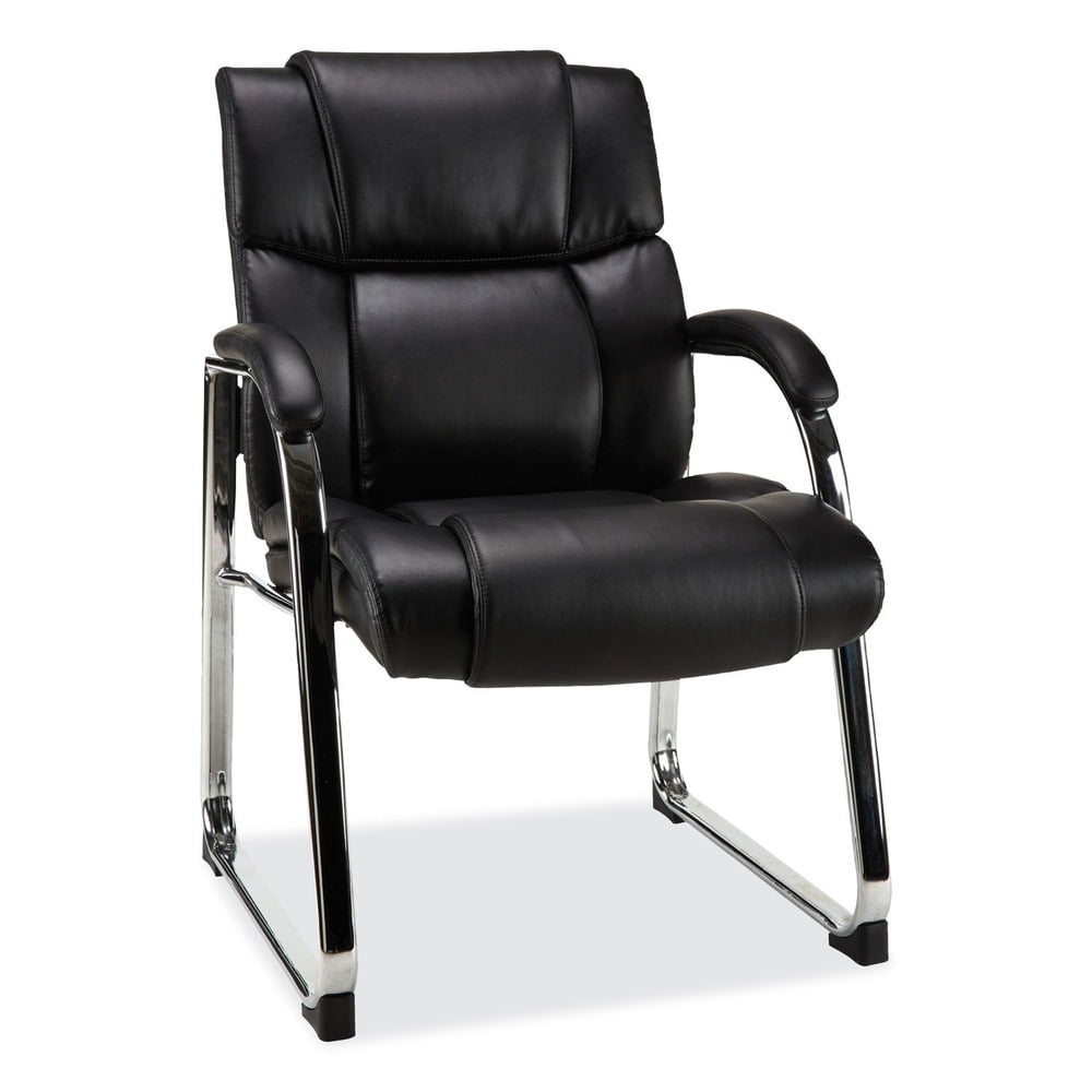 Black Leather Guest Chair with Chrome Base and Fixed Arms