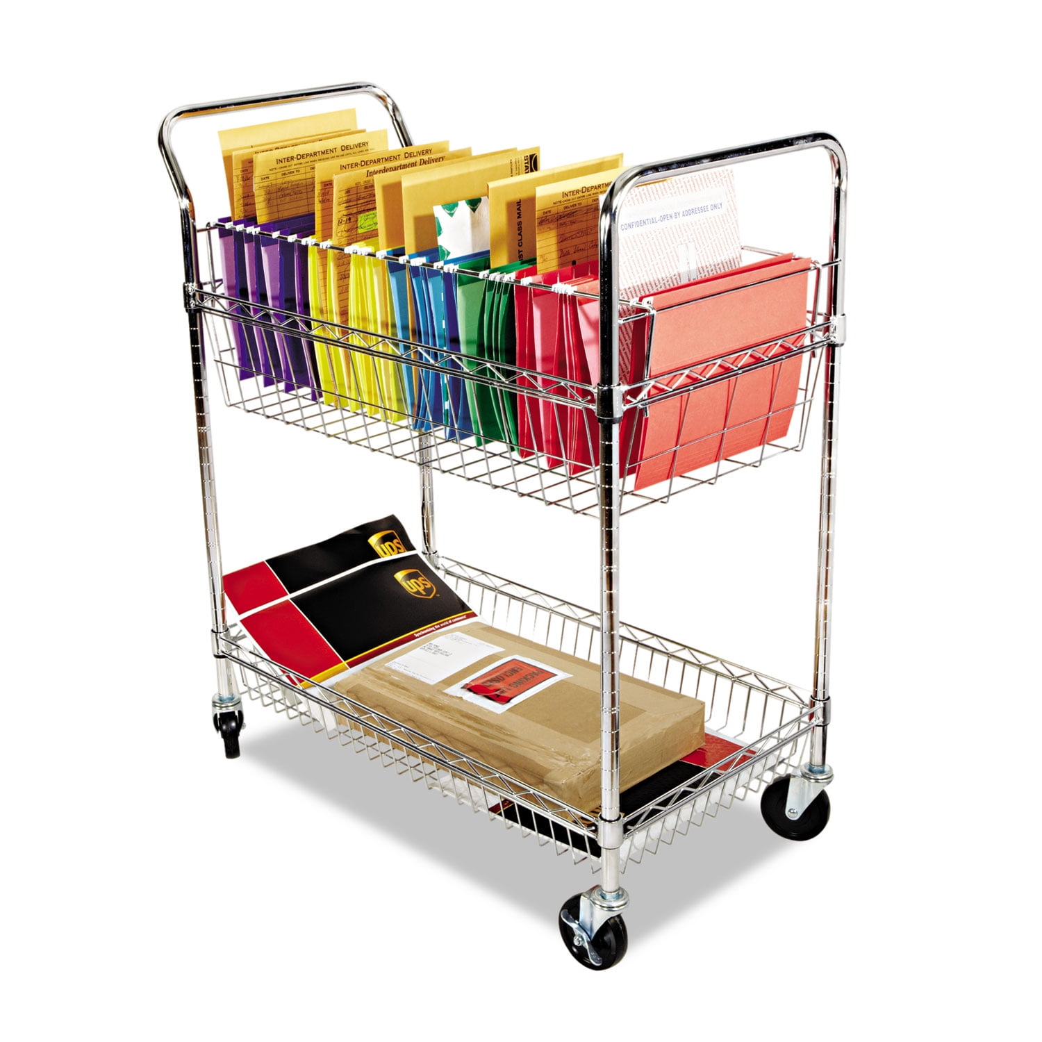 Silver Two-Shelf Mobile Mail Cart with Adjustable Baskets
