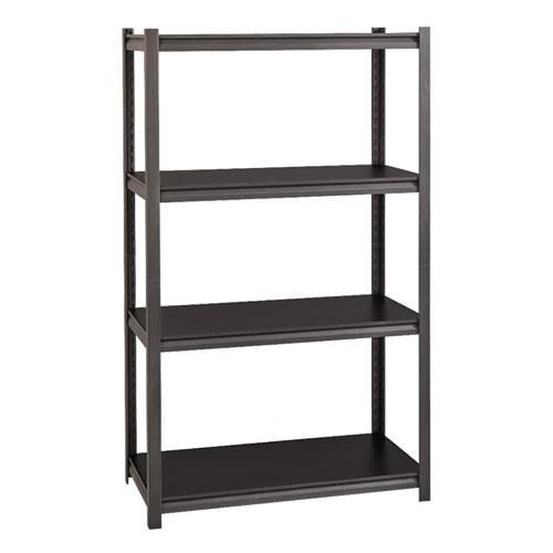 Black Steel Four-Shelf Adjustable Storage Unit with Laminate Shelves