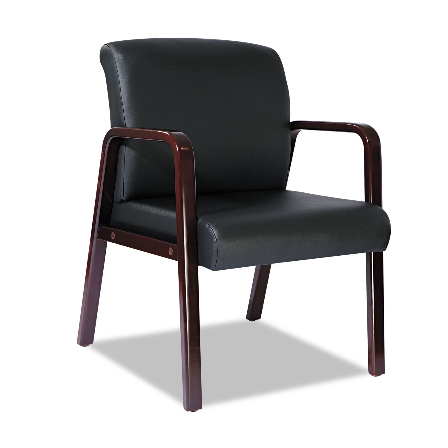 Elegant Mahogany Wood Guest Chair with Fixed Black Leather Arms