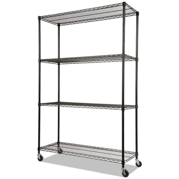 Alera Complete Wire Shelving Unit with Casters, Four-Shelf, 48" x 18" x 72", Black
