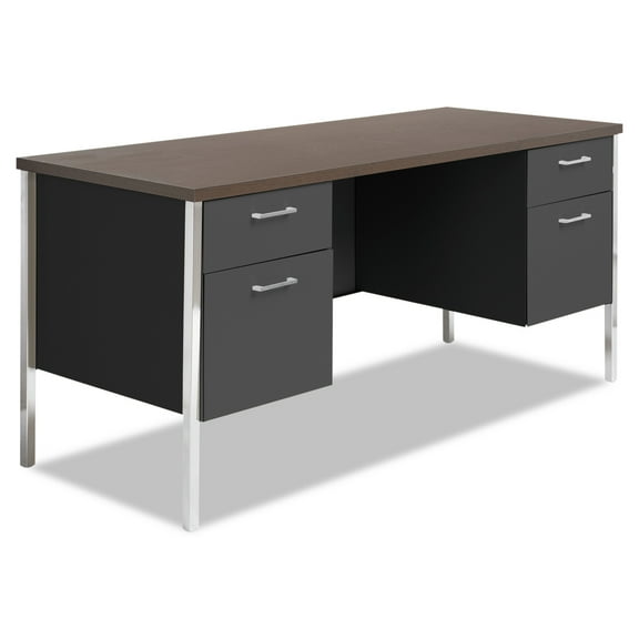 Alera Double Pedestal Steel Credenza Desk, 60w x 24d x 29-1/2h, Walnut/Black