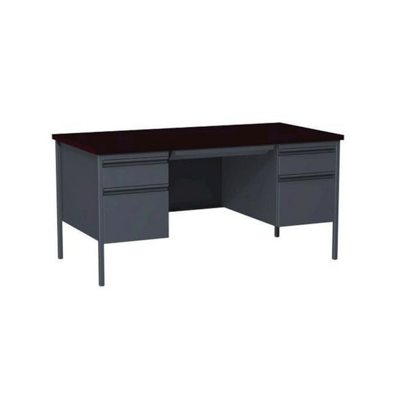 Alera Double Pedestal Steel Desk, 60" x 30" x 29.5", Mahogany/Charcoal, Charcoal Legs