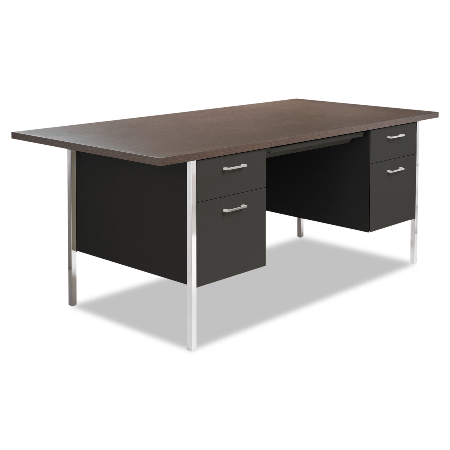 Walnut and Black Executive Desk with Filing Cabinets and Drawers