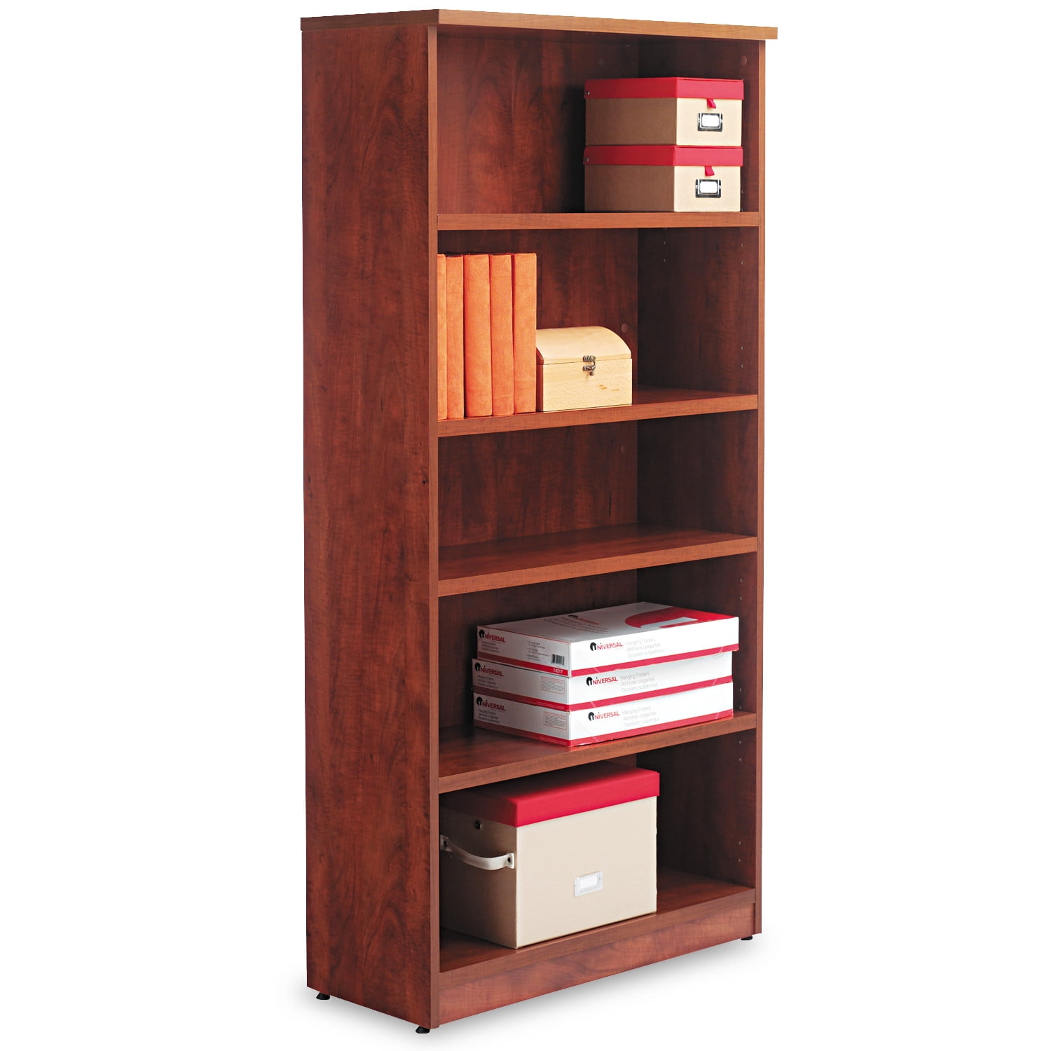 Valencia Medium Cherry Woodgrain Laminate Adjustable 5-Shelf Bookcase