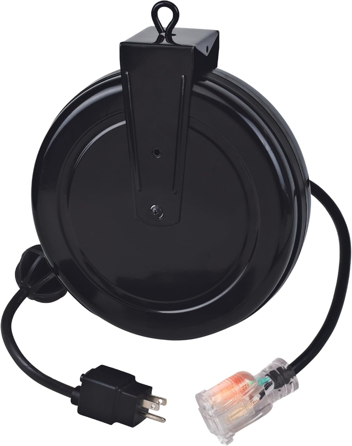 Black Industrial Retractable Extension Cord Reel with Single Outlet