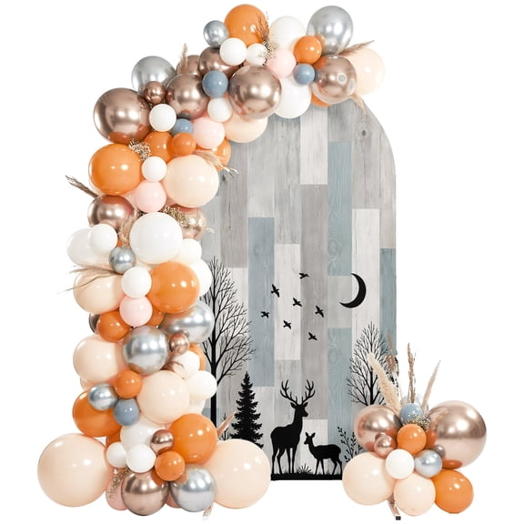 Alert Stag Silhouette Arch Backdrop Cover 4 FT, Dark Forest Pine Tree Ash Gray Wood Grain Rustic Wedding Arch Cover Stretchy Backdrop Stands Covers for Birthday Party Ceremony Banquet Decor