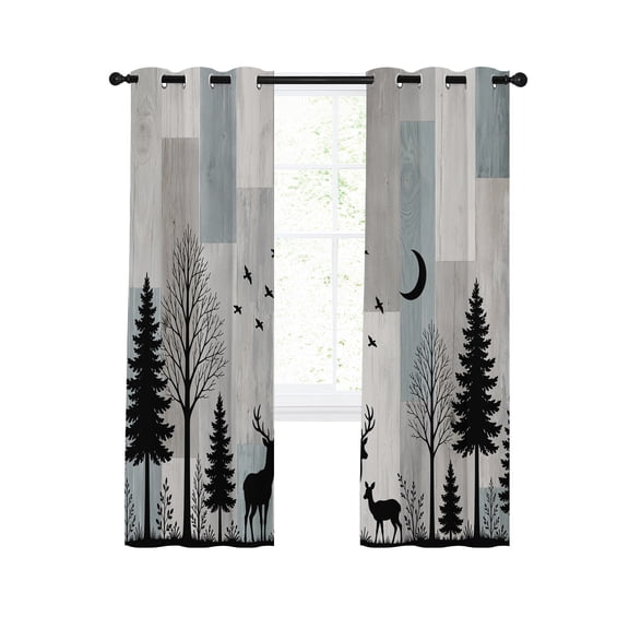 Alert Stag Silhouette Blackout Curtains for Bedroom Living Room, Dark Forest Pine Tree Ash Gray Wood Grain Rustic 96 In Long Thermal Insulated Room Darkening Drapes Grommet Window Treatment 52x96 In