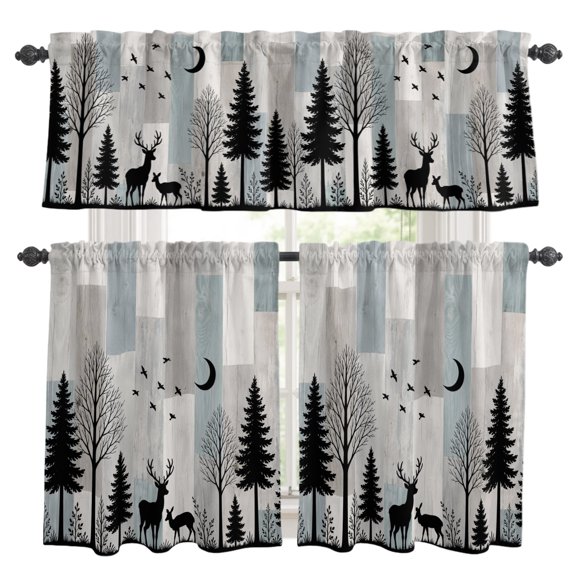Alert Stag Silhouette Kitchen Curtains Valances 3 Piece Set, Dark Forest Pine Tree Ash Gray Wood Grain Rustic Rod Pocket Tier Curtain and Valance Drapes for Window 24 Inch Length for Bedroom Cafe