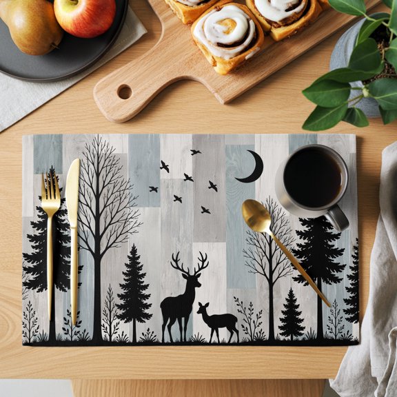 Alert Stag Silhouette Placemats Set of 1 Dark Forest Pine Tree Ash Gray Wood Grain Rustic Heat Insulation Washable Place Mats, Non-Slip Table Mats for Dining Table Party Kitchen Decor, 13x19 Inch