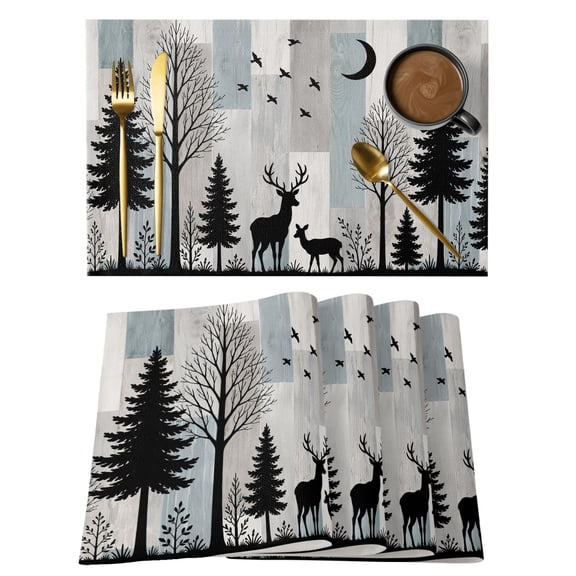 Alert Stag Silhouette Placemats Set of 1, Dark Forest Pine Tree Ash Gray Wood Grain Rustic Non-Slip Place Mats Washable Table Mats for Kitchen Dining Table Decorations Indoor/Outdoor