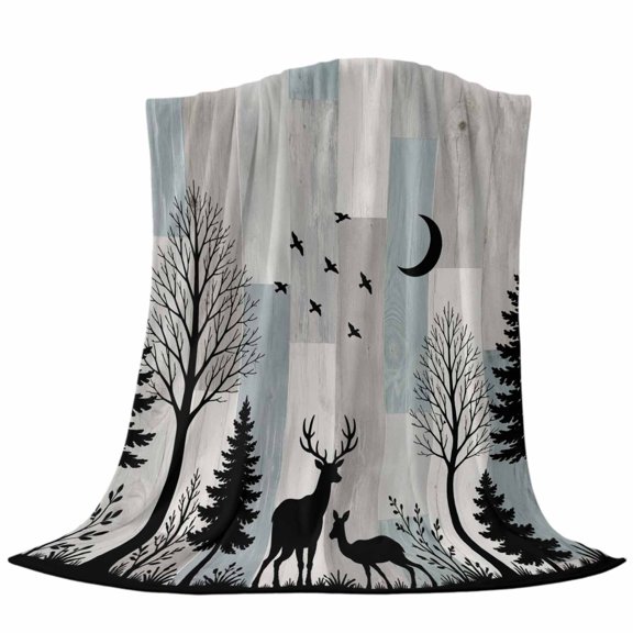 Alert Stag Silhouette Throw Flannel Blanket Dark Forest Pine Tree Ash Gray Wood Grain Rustic Super Soft Cozy Bed Blanket, Lightweight Plush Fuzzy Bed Throw for Bedroom Sofa Couch Living Room 30x40in