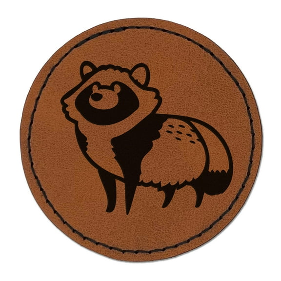Alert Tanuki Japanese Raccoon Dog 2.5" Faux Leather Round Engraved Iron-On Patch - Brown