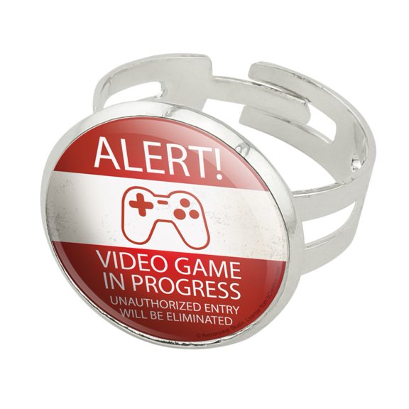 Alert Video Game In Progress Unauthorized Entry Eliminated Silver Plated Adjustable Novelty Ring