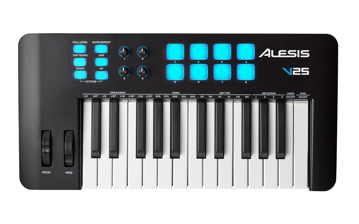 Alesis V25 MKII USB MIDI Keyboard Controller with 25 Velocity Sensitive Keys, 8 Full Level Pads, Arpeggiator, Pitch/Mod Wheel, Note Repeat and Software Suite,black