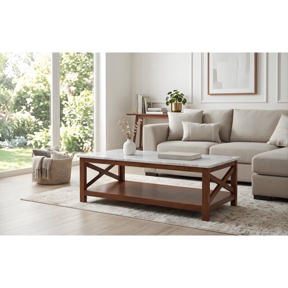 Alessandro 43.5" Rectangular Italian Carrara White Marble Coffee Table with Walnut Color Solid Wood Legs