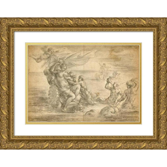 Alessandro Algardi 14x11 Gold Ornate Wood Frame and Double Matted Museum Art Print Titled - Venus Seated in Her Sea Chariot Suckling Cupid (1645)