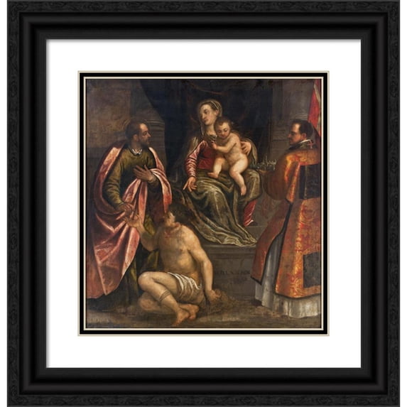 Alessandro Maganza 12x13 Black Ornate Wood Framed Double Matted Museum Art Print Titled: The Virgin and Child with St Martin and St Petronius (1590)