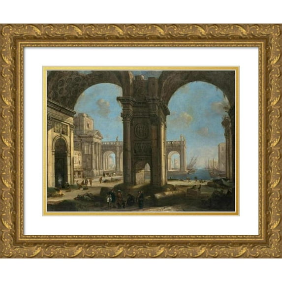 Alessandro Salucci 24x19 Gold Ornate Framed and Double Matted Museum Art Print Titled - Architectural Capriccio with a Harbour
