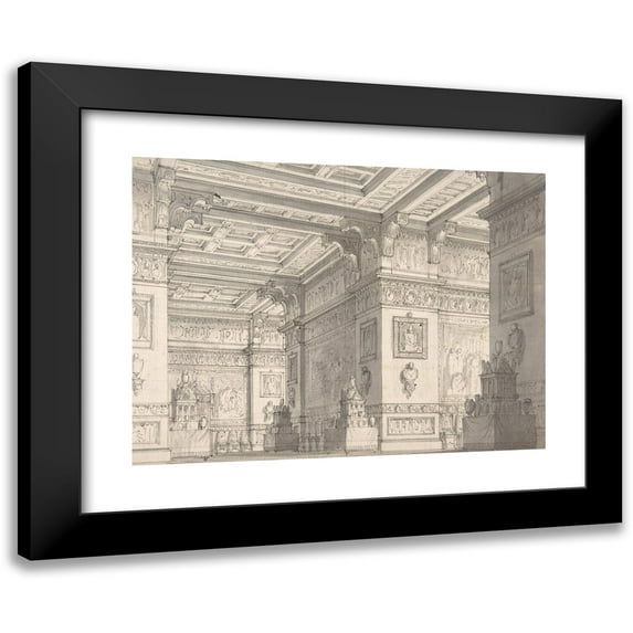 Alessandro Sanquirico 24x19 Black Modern Framed Museum Art Print Titled - Interior of a Stateroom with Four Tables Displaying Urns and Tabernacles.