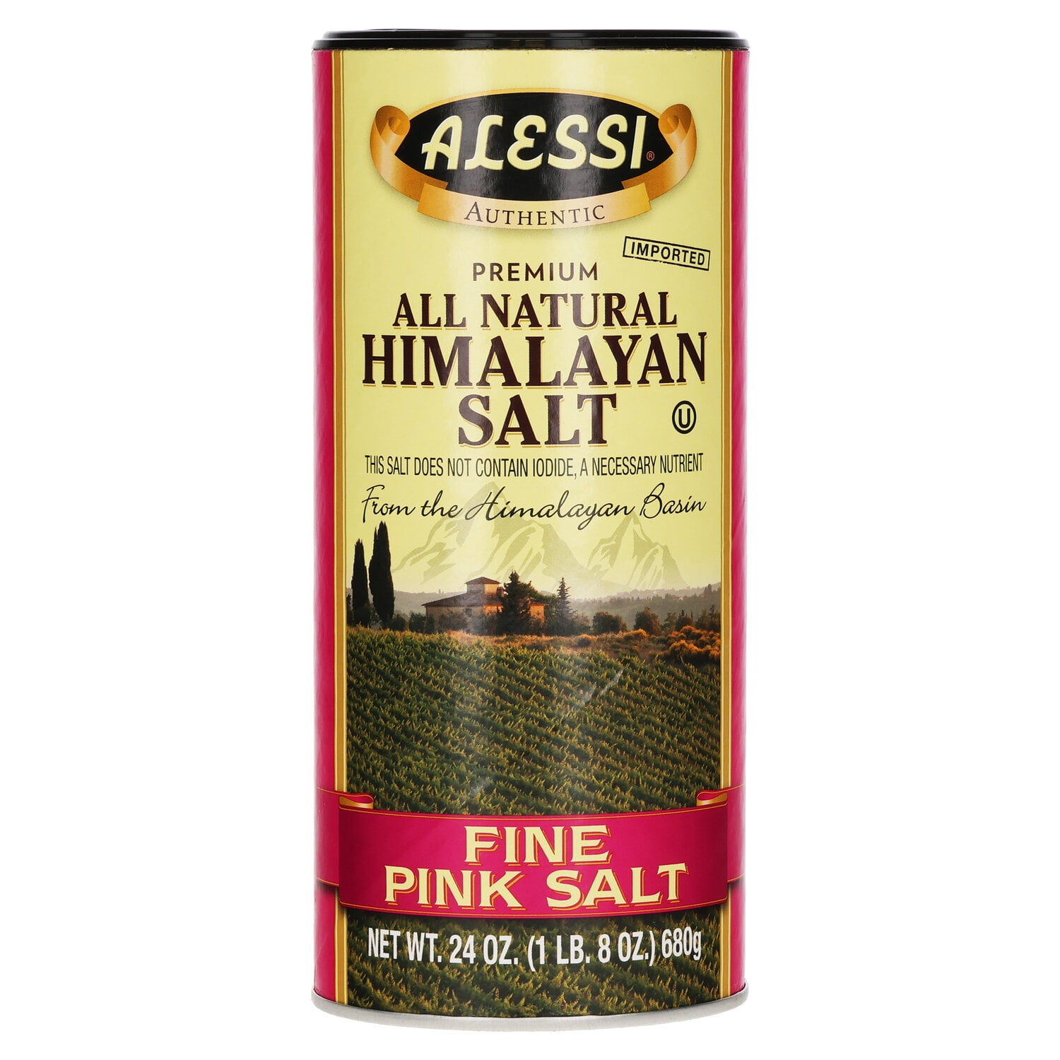 Alessi All Natural Himalayan Fine Pink Salt, Iodide Free, 24 oz Shelf Stable Carton Can