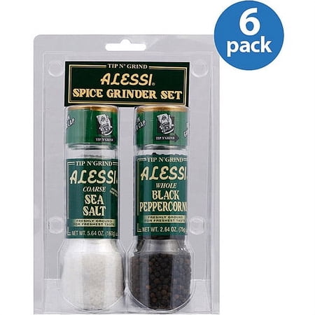 Alessi Sea Salt & Whole Black Peppercorns Spice Grinder Set, 2 count, (Pack of 6)