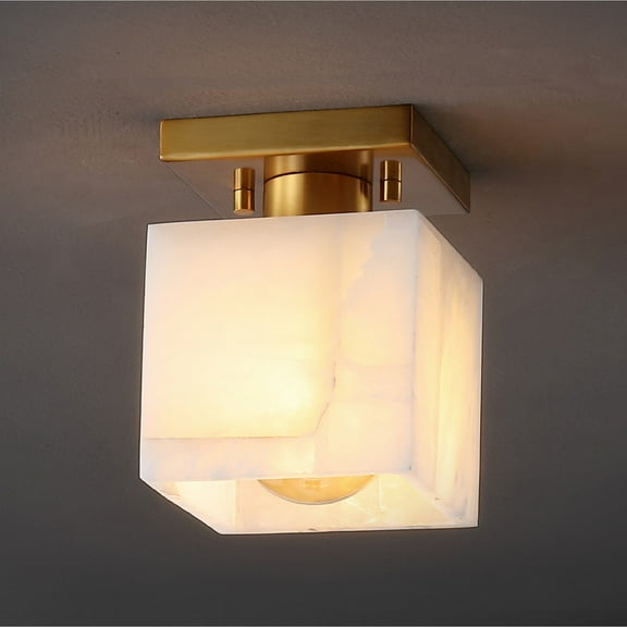 JONATHAN Y Alessia 5" 1-Light Modern Contemporary Alabaster/Iron Cube LED Semi Flush Mount, White Marbling/Brass Gold