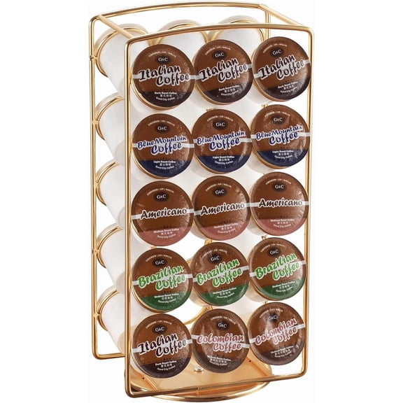 Alessia Cara Tabletop K Cup Holder, Coffee Pod Stand K-Cups Capsule Storage Rack for 30 pods, 360 degrees rotatable, No Assembly Required, Gold