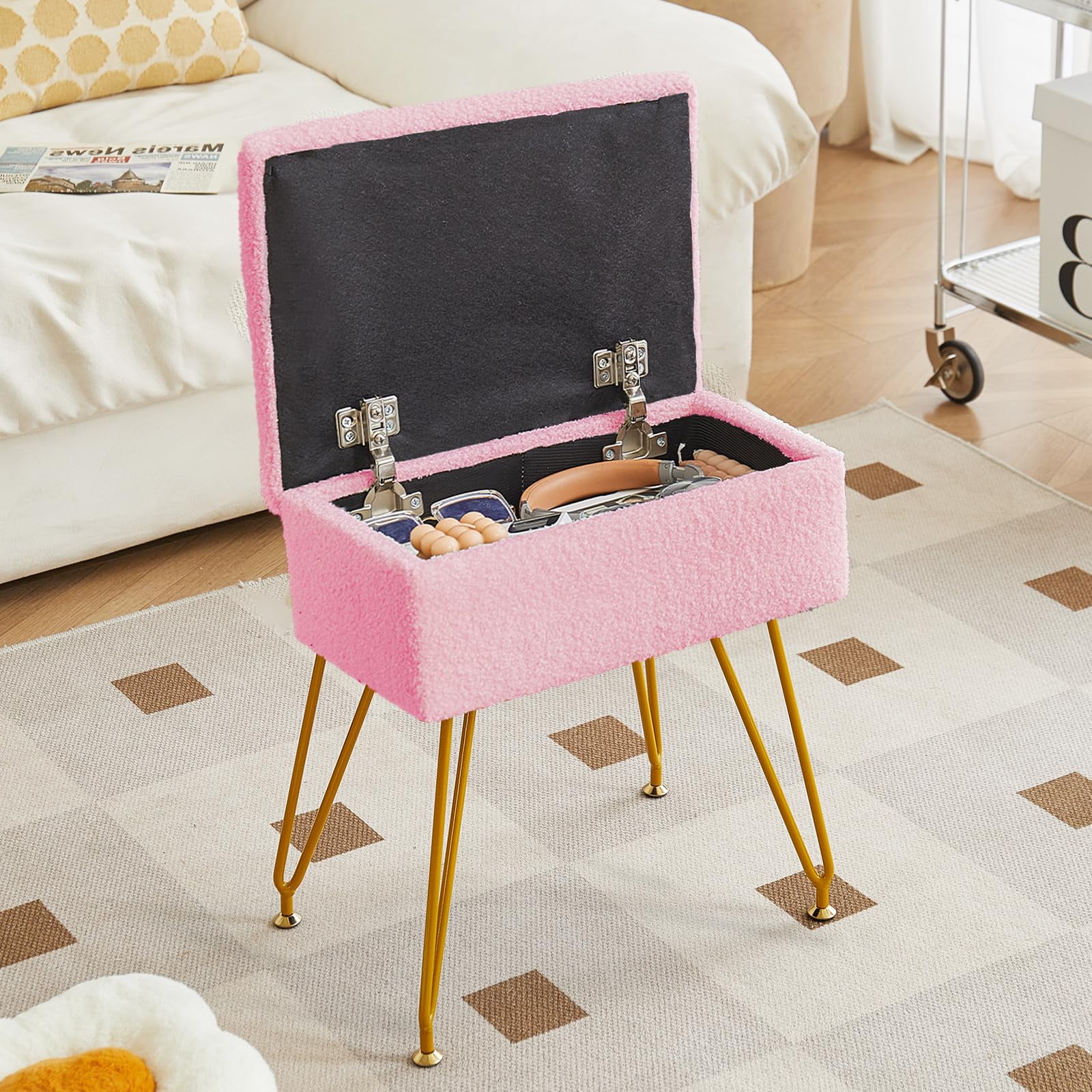 Alessing Stool Chair Ottoman with Storage, Sherpa Chair for Makeup Room ...