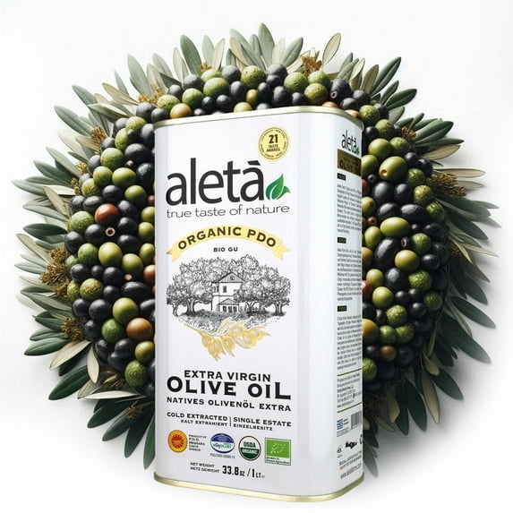 Aleta, Organic PDO Extra Virgin Olive Oil, Certified Single Estate Messara Valley Greece, Award-Winning First-Cold Press, Traceable & Kosher, 1 Lt (33.8 oz.) Tin