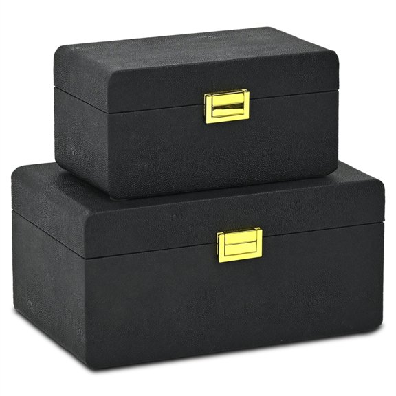Alethea Rounded Shagreen Vinyl Box Set with Gold Handles - Black