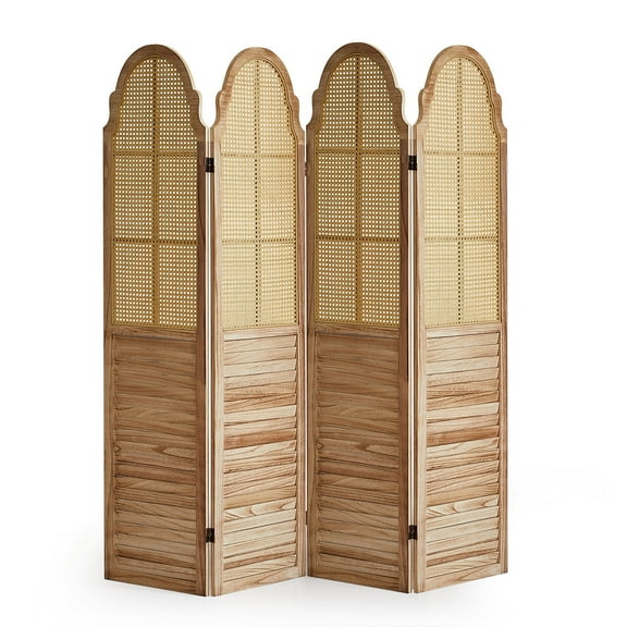 Aletheiawu 4 Panel Rattan Room Divider, Foldable Privacy Screen, No Installation, Light Brown