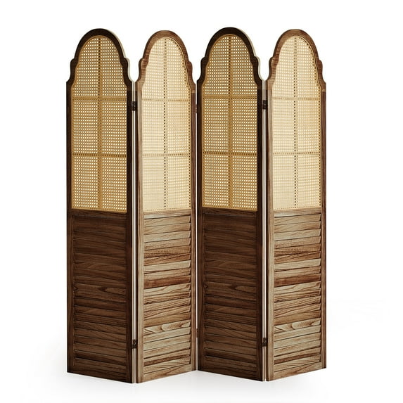 Aletheiawu 4 Panel Rattan Room Divider, Foldable Privacy Screen, No Installation Require, Dark Brown
