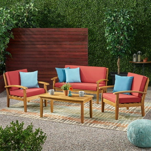 Aletta 4 Piece Outdoor Wooden Chat Set with Cushions, Teak Finish, Red