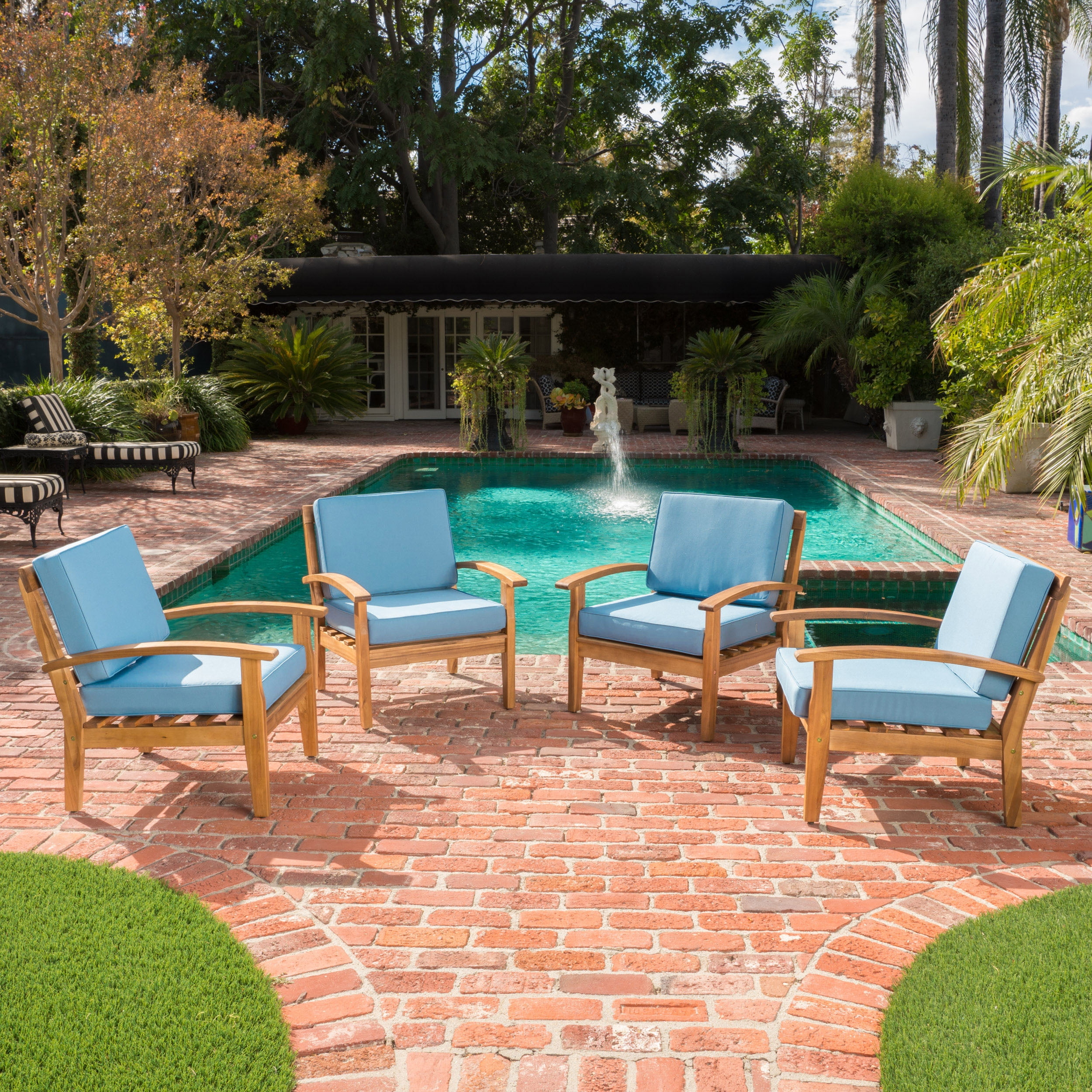 Aletta Outdoor Acacia Wood Club Chairs with Cushions Set of 4 Teak Blue 299102