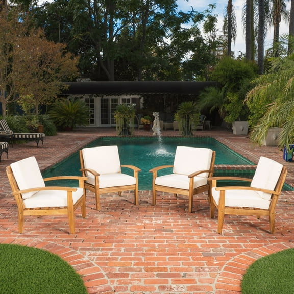 Noble House Aletta Outdoor Teak Finish Wooden Club Chairs with Cushions, Beige Set of 4