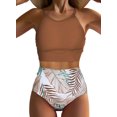 thumbnail image 1 of Aleumdr Halter Bikini for Women High Waist Floral Print Bikini Set Sporty Swimsuit Scoop Neck Strap Bathing Suit Brown S, 1 of 4