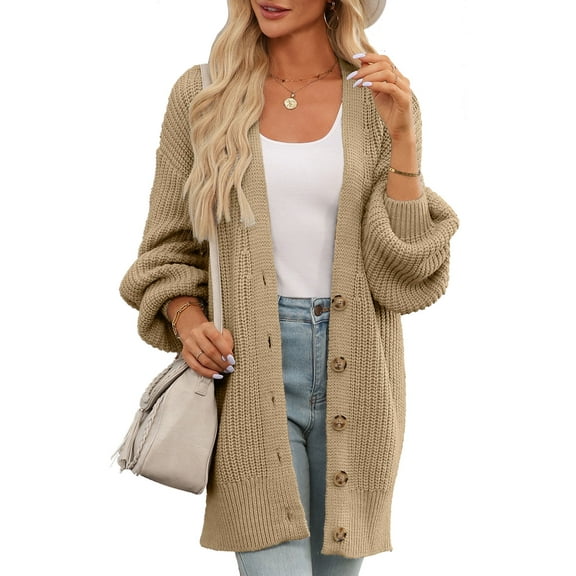 Aleumdr Cardigans for Women 2025 Fall Winter Long Sleeve Cable Knit Open Front Button Sweaters Khaki US 12-14