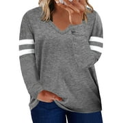 Aleumdr Fashion Plus Size Blouse for Ladies Womens Casual Long Sleeve V Neck Gray Colorblock Pullover Tops 22 24