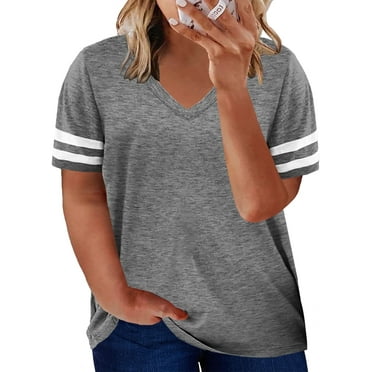 SHEWIN Fashion Plus Size Blouse for Womens Casual Short Sleeve V Neck Gray Colorblock T-Shirts Tops 22 24