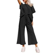 Aleumdr Loungewear 2 Pieces Sets Textured Solid Color Short Sleeve Tops and Sweatpants Plus Size Outfits Black 18-20