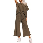 Aleumdr Loungewear 2 Pieces Sets Textured Solid Color Short Sleeve Tops and Sweatpants Plus Size Outfits Brown US 16-18