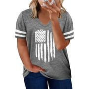 Aleumdr Oversized Blouse for Plus Size Womens V Neck American Flag Short Sleeve Loose Tee Shirts 4X