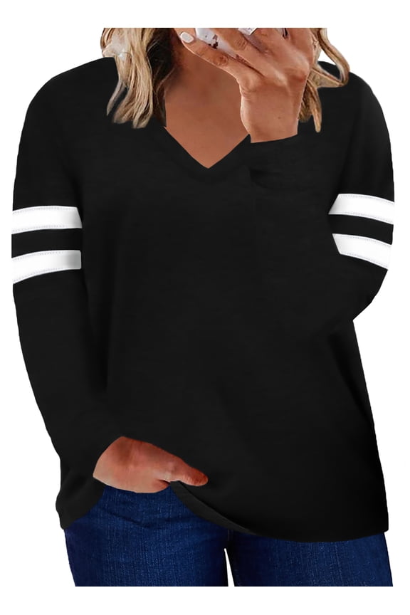 Oversized Blouse for Plus Size Womens V Neck Black Long Sleeve Loose Sweatshirts 4XL