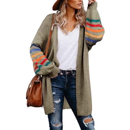 Aleumdr Plus Size Cardigan for Women Long Stripe Knit Open Front Sweaters Jacket 2XL