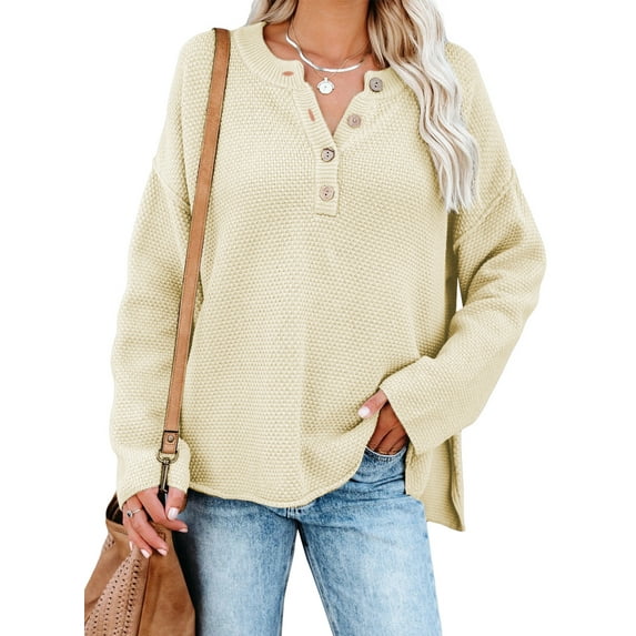 Aleumdr Sweaters for Women Long Sleeve Button V Neck Jumper Tops Oversized Waffle Knit Pullover 2XL