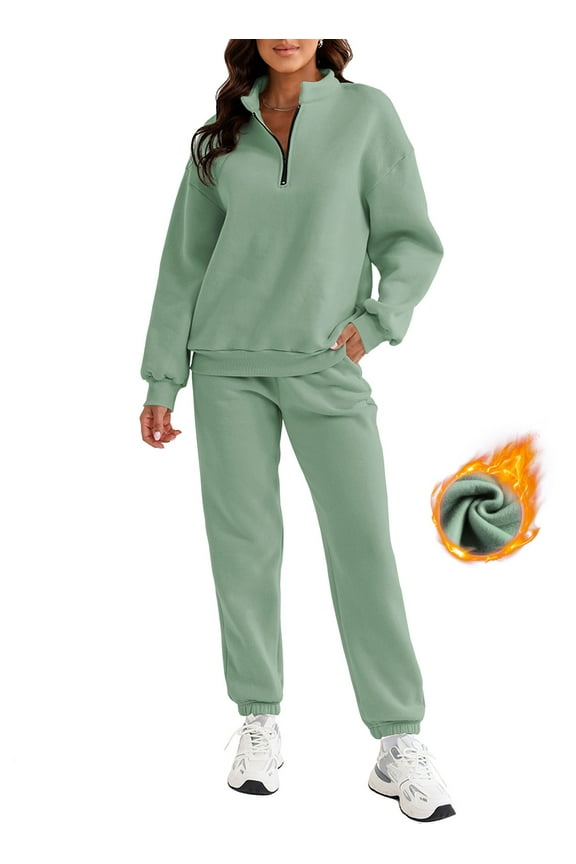 Women's Sweatsuits Lounge Sets Fleece Lined Long Sleeve Pullover Long Sweatpants Two Piece Outfit Tracksuit Jogger Set Green XL